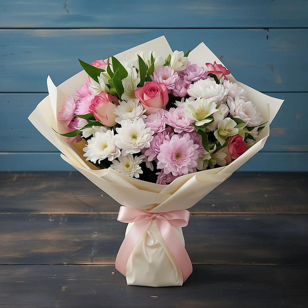 Букет цветов из: Хризантемы, Альстромерии и Розы в Успенском